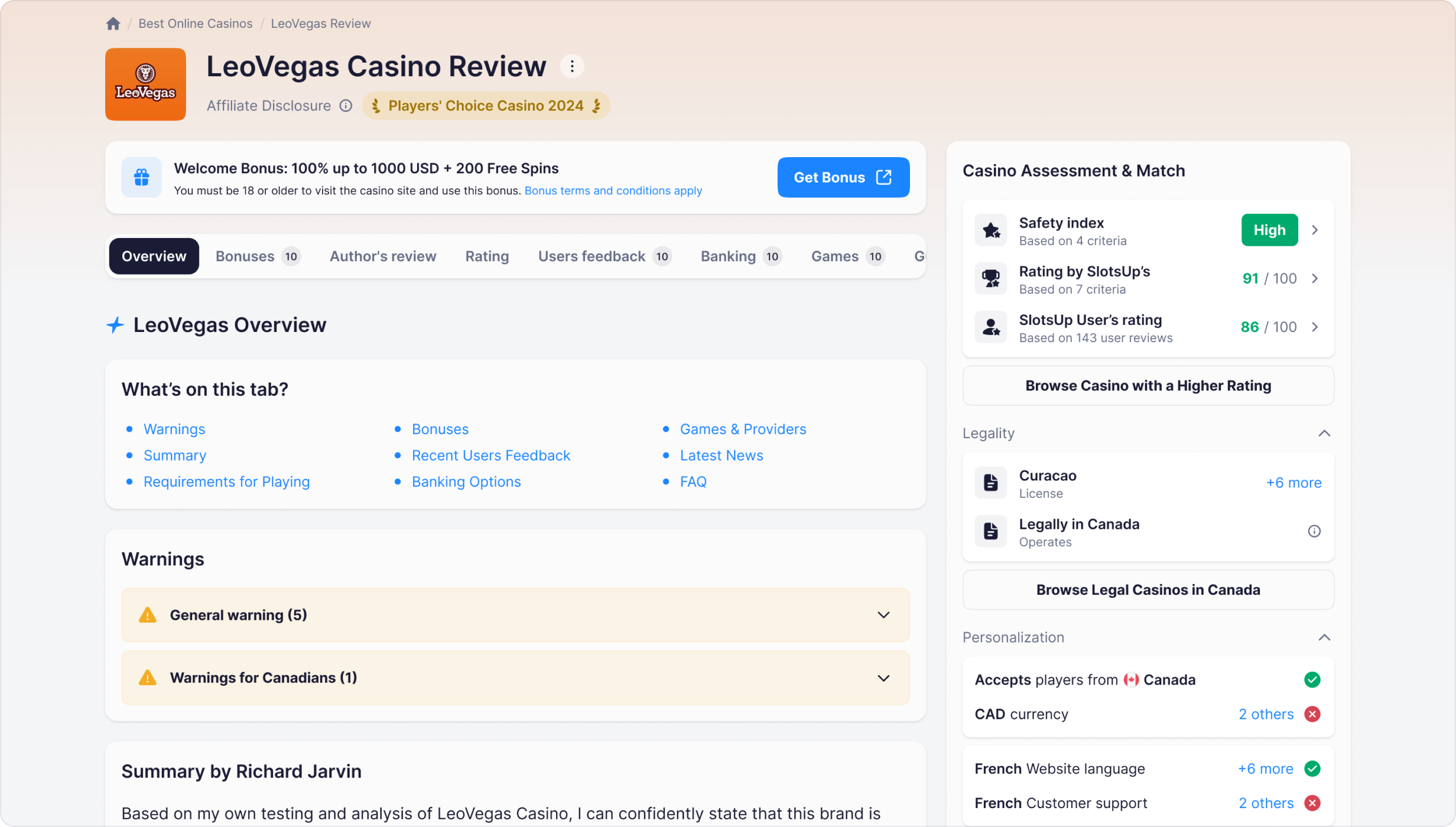Casino Page after